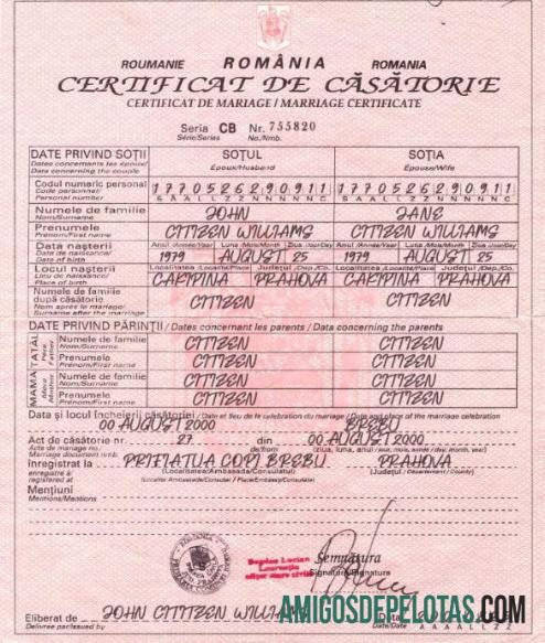 Certidão de casamento de registro vital da Romênia amostra